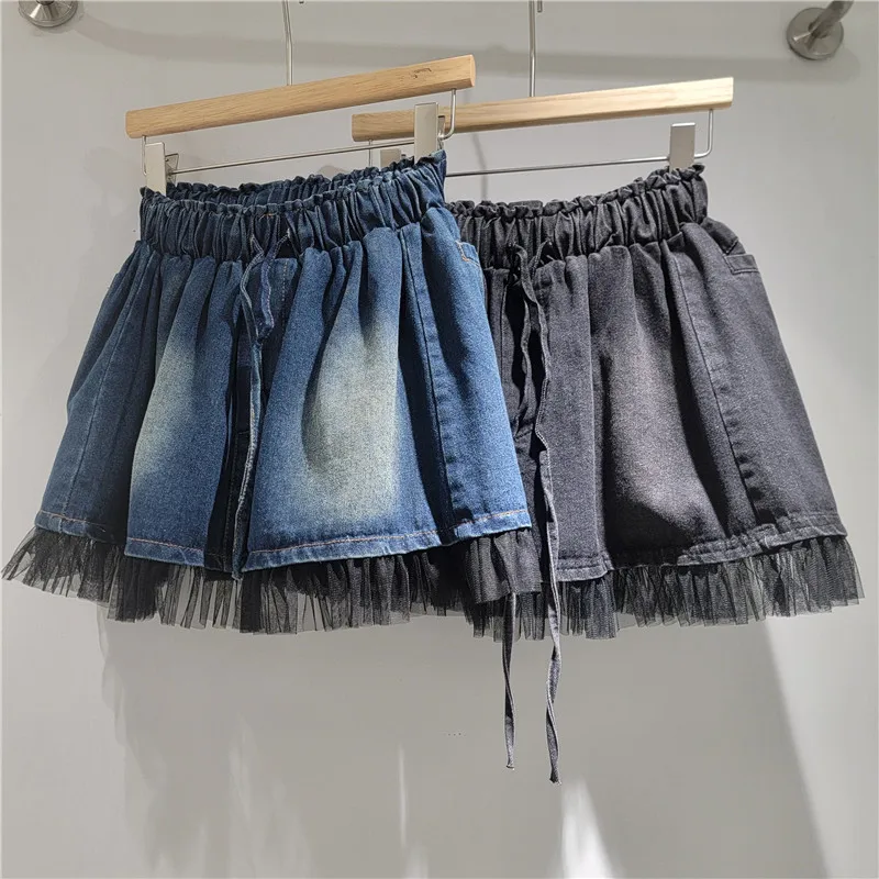 Mesh Patchwork Denim Skirts for Women Korean Style Retro Elastic Waist Lace Up A-Line Skirt 2026 Summer New Trend Mini Skirts
