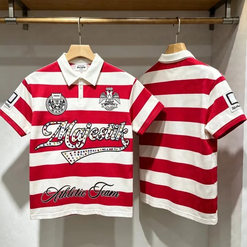 Summer MAJESTIK Tshirts Red White Striped Short Sleeve Colorful Hotfix Rhinestone Letter Lapel Shirts Men Women Street Outfit