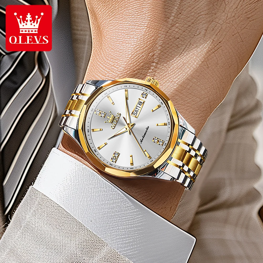 OLEVS 7056 Mens Watch Luxury Original Business Automatic Mechanical Watch Waterproof Luminous Double calendar brand Reloj