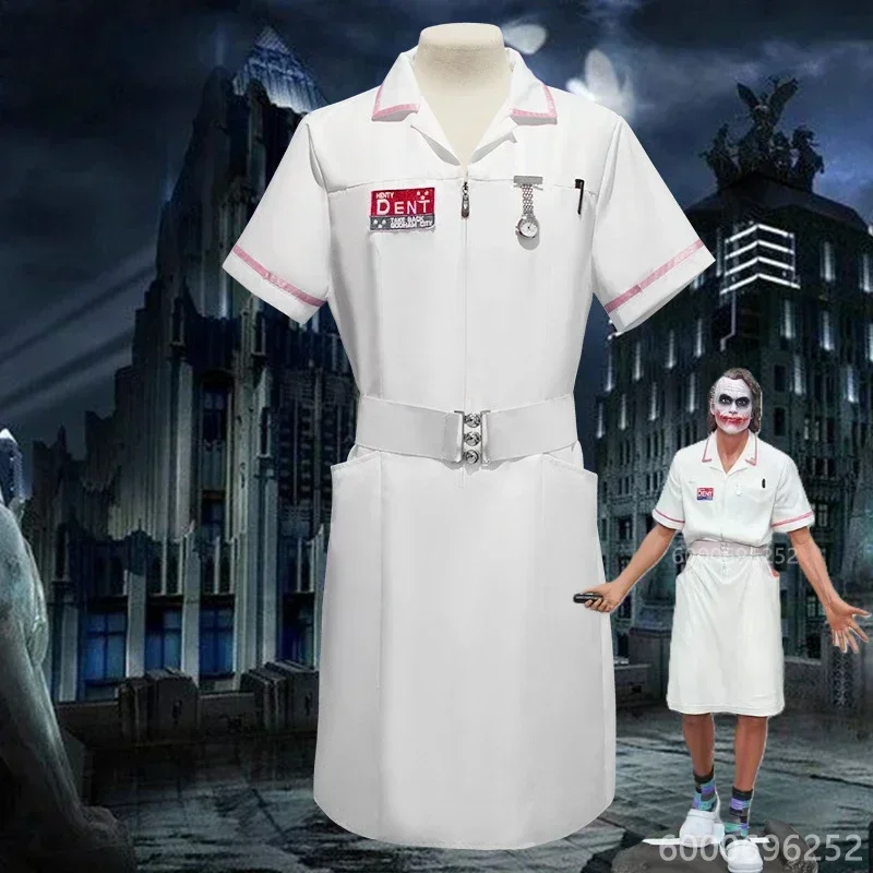 Horror Scary Movie Arkham Dark Knight Clown Joker Nurse Uniform Dress with Watch Accessories Costume for Party Men Women