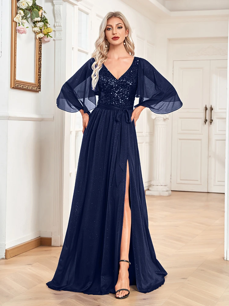 XUIBOL Sexy Maxi abito da sera con scollo a v con paillettes donna 2023 elegante abito da ballo blu maniche lunghe abito da festa di nozze abiti da terra