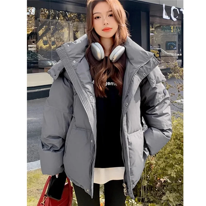 Autumn Winter Women'S Cotton Jacket New Fashion Loose Casual Hooded Cotton Coat Pure Colour Thicken Grey Outerwear Female