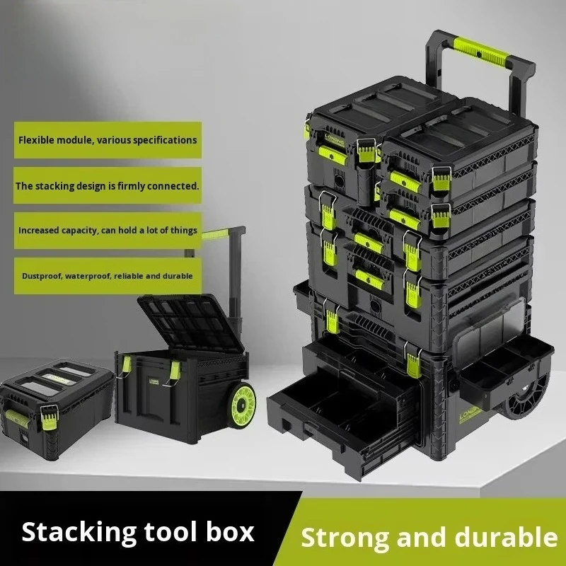 Heavy Duty Waterproof Roller Toolbox with Off-Road Wheels, Stackable Storage System, Industrial Grade Black Green