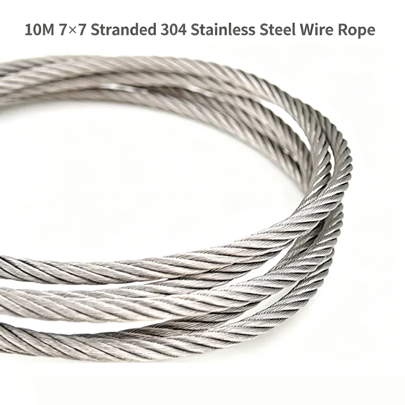 10M 7×7 Stranded 304 Stainless Steel Wire Rope 1.0‑4.0mm Dia Soft Lifting Fishing Cable 12‑4200KG Load‑Bearing