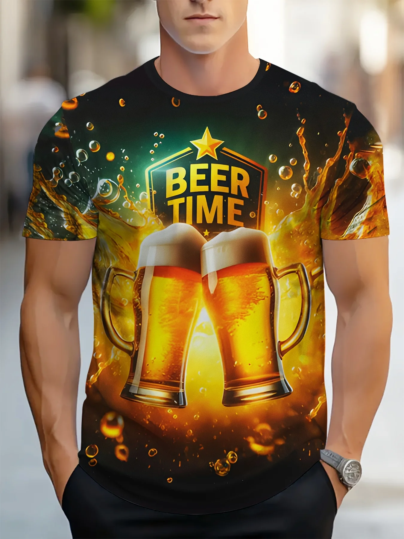 Vintage Beer Time Cheers Tee, Golden Beer Splash Full Print Men Short Sleeve Crew Neck Summer Casual