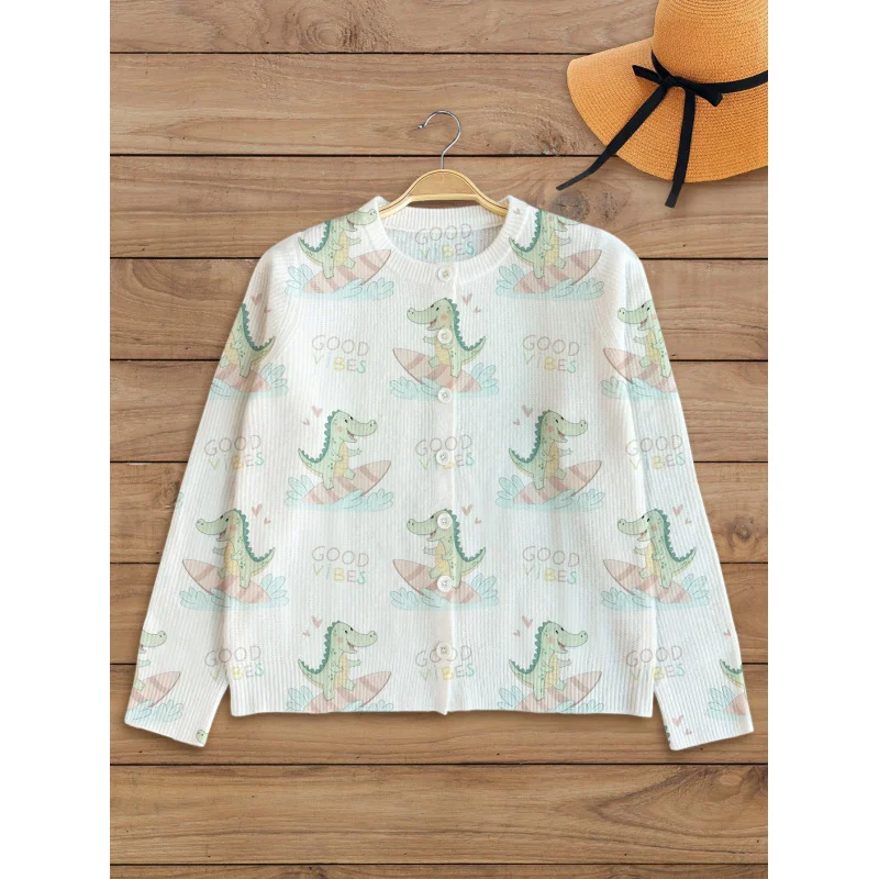 

Cute Cartoon Crocodile Digital Print Women's Knit Cardigan Thickened Oversized Crew Neck Long Sleeve Button-Up Style Autumn Edit