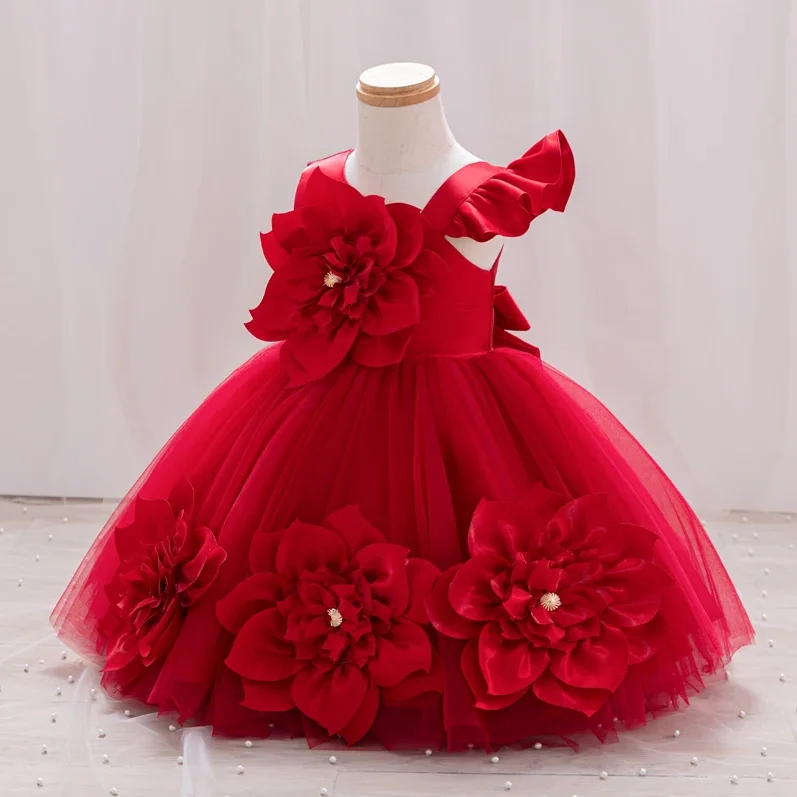Big flower Wedding Tutu Gown Baptism Dress Christen 0-6-yearing Ball Gown asymsymmetrical straps Formal occasion Girl dress