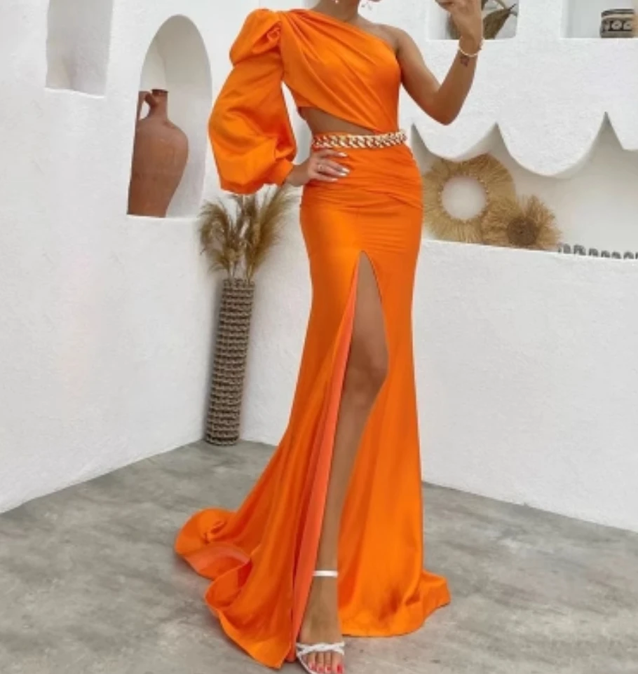 Elegante Oranje Jurk Met Één-Schouder Satijnen Gleuf Zeemeermin Vloer Vestidos De Fiesta Prom Dress Voor Vrouwen فساتين للحفلات الراقصة