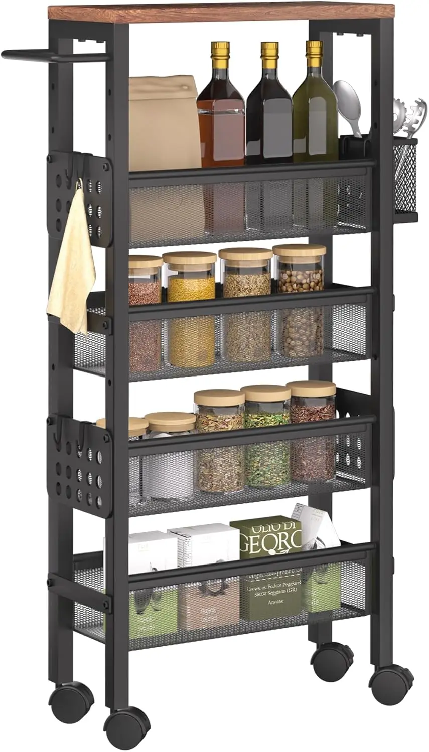 

Slim Storage Cart, 5 Tier Narrow Kitchen Rolling Cart with Wheels for Small Space,Mobile Utility Cart Shelving Unit with