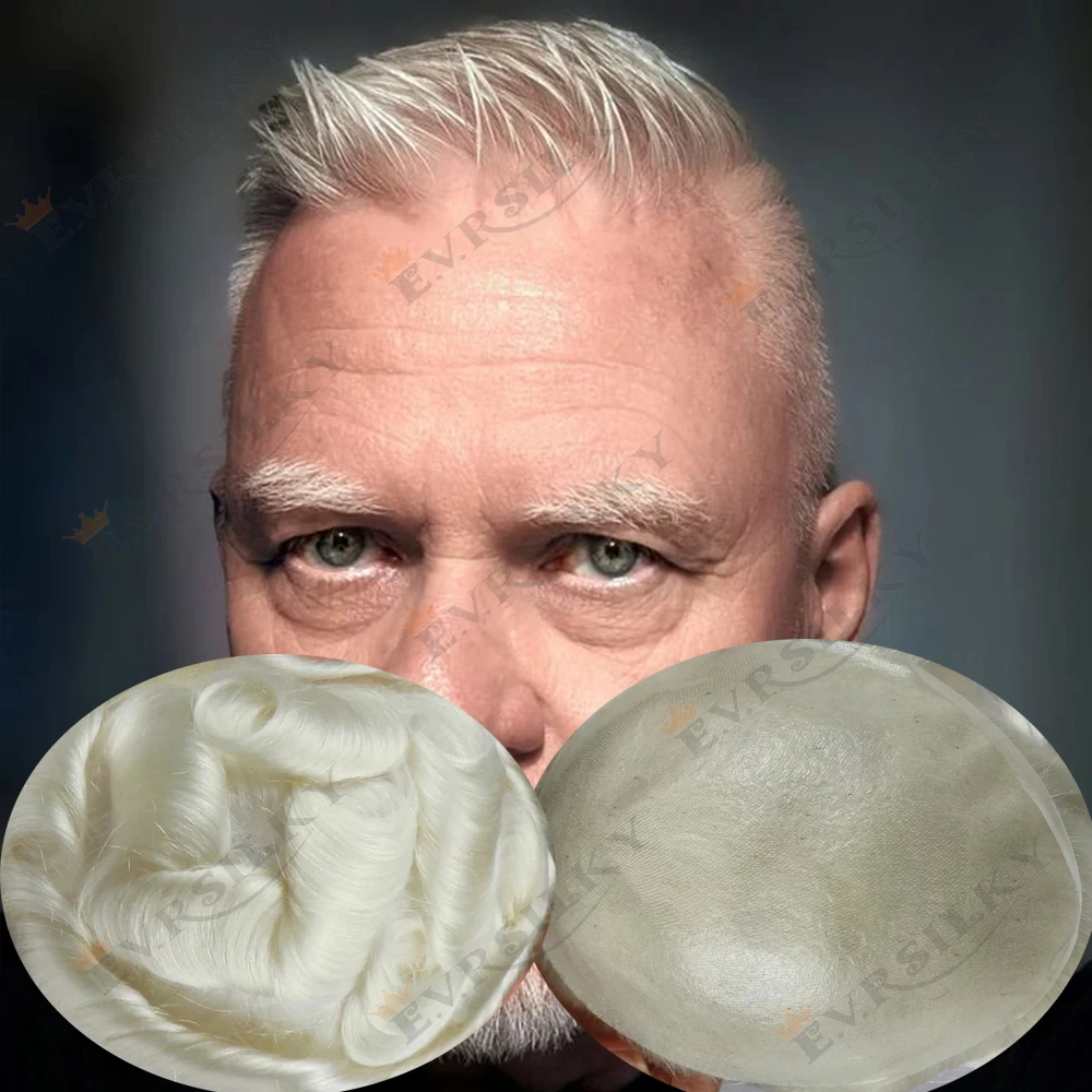 

0.02mm Ultra Thin Skin Human Hair Undetectable 90% #60R Blonde White Grey 1B80 Men Toupee Invisible Natural Hairline Prosthesi