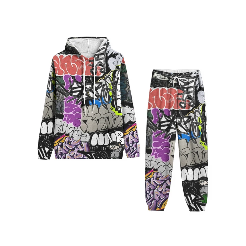 Men's Suit Hooded Sportswear Casual Pullover And Jogging Pants Graffiti 3D Print Fitness Hooded Suit Autumn And Winter Suit