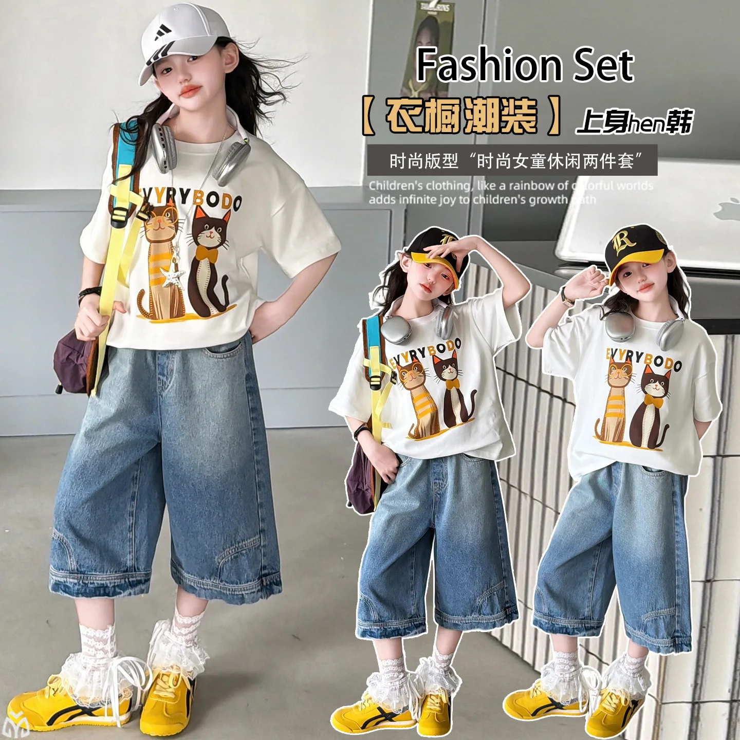 summer teen girls five-point jeans cotton cartoon cat t-shirt cargo pants 14 junior kid casual clothes outfits suit child shorts