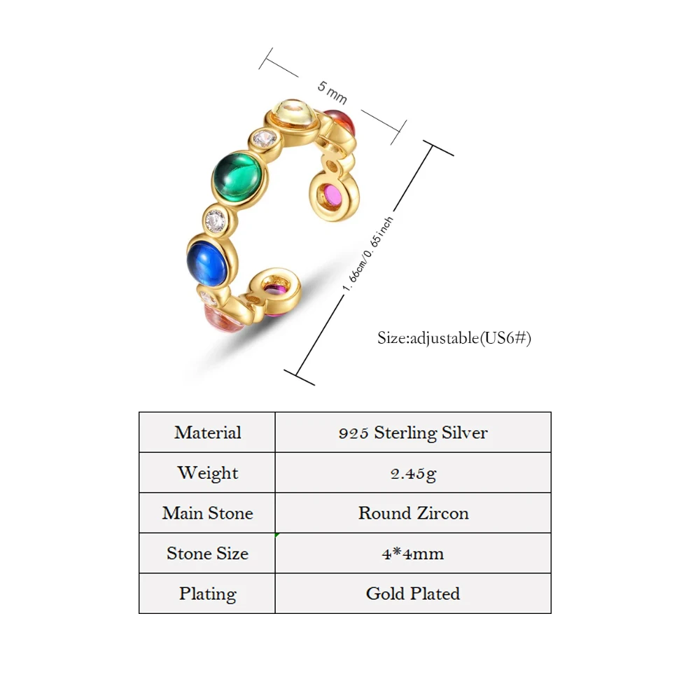 ALLNOEL Solid 925 Sterling Sliver Open Rings For Women 4*4mm Rainbow Zircon Gold Plated Vintage Jewelry Anniversary Gifts Party