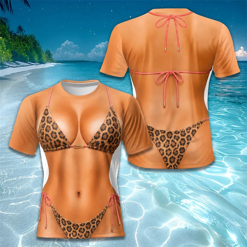 Women 3D Fake Bikini Print Short Sleeve T‑Shirt Leopard Animal Skin Graphic Tee Casual Tops Summer Beach Holiday Party Outfit