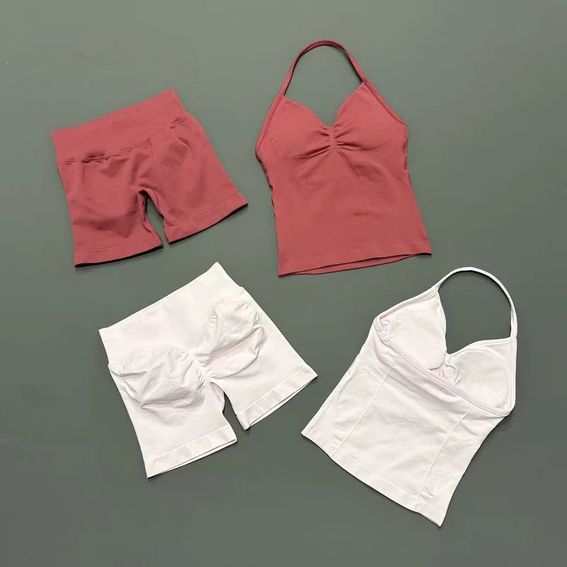 2Pcs Women Workout Set Seamless High Stretch Shorts Halter Neck Tank Top Gym Yoga Outfit For Running Jogging Weightlifting