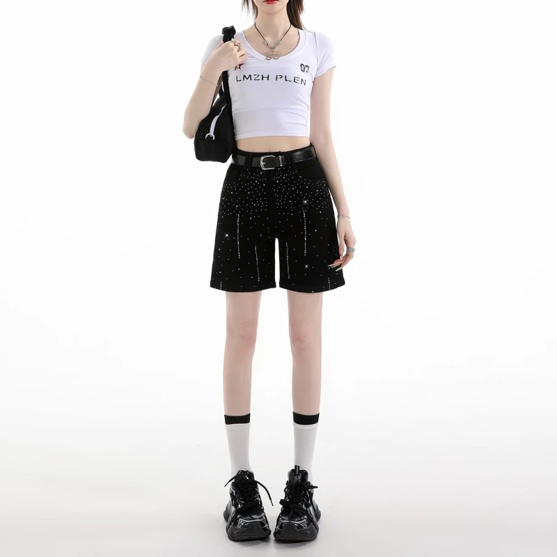 FINEWORDS 2026 Summer Women Black Rhinestone Denim Bermuda Shorts High Waist Straight Leg Sparkly Jean Shorts Casual Streetwear