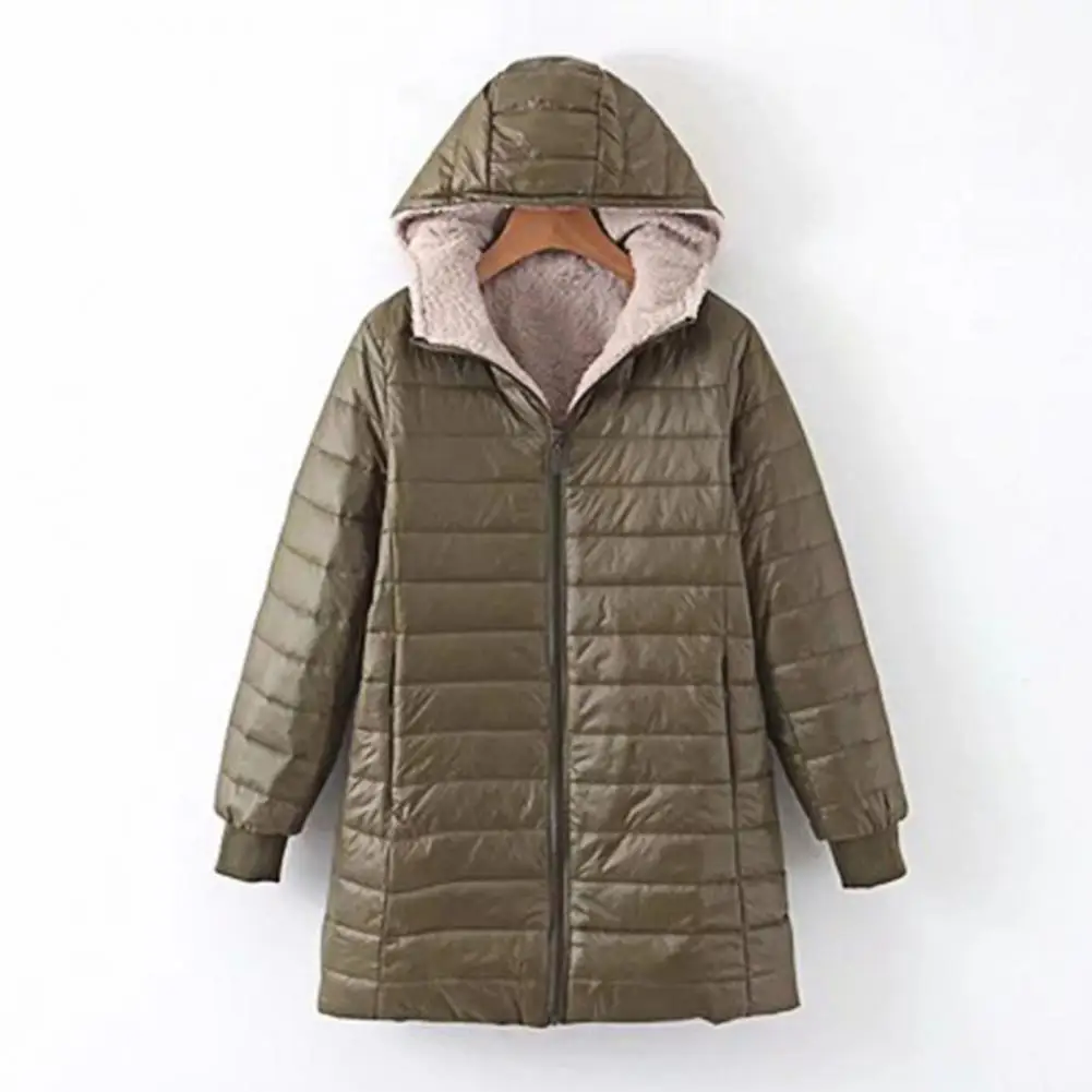 Winter Daunen mantel gepolsterte Plüsch haube mittellanger Reiß verschluss Mantel lange Ärmel Taschen warm täglich tragen Outwear Baumwoll jacke