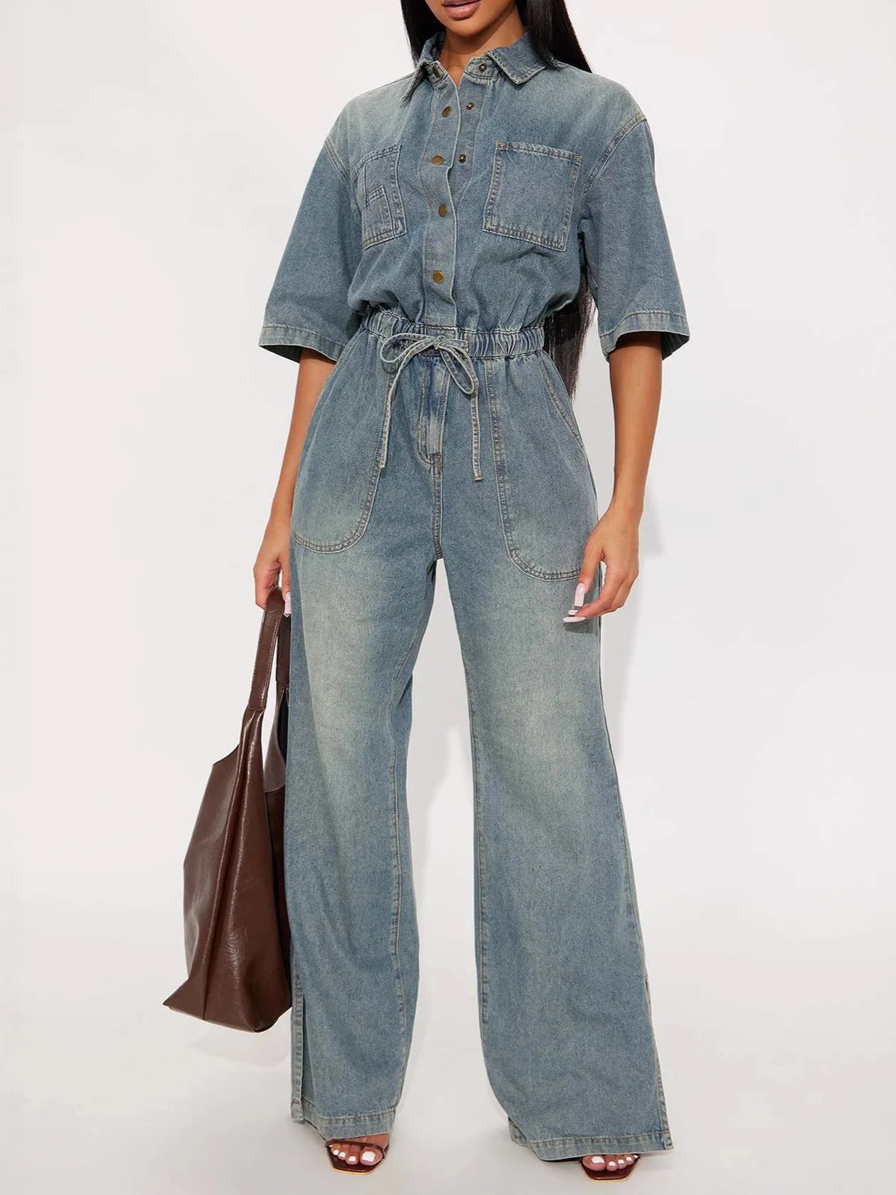 

Women's One-Piece Dr Jean Culottes ort Sve Waist-Cinching Rer Spring 2026 Mid-Waist Long Pants 00% Cotton