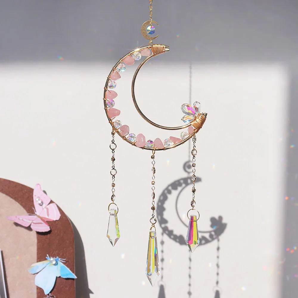Custom Rose Quartz Crystal Pendant Moon Sun Catcher - Handmade Wire Wrapped Hanging Ornament for Window Decor