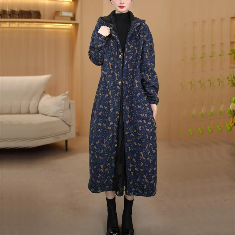 Novo 2025 casaco de trincheira feminino mais veludo grosso outono inverno longo impressão com capuz blusão jaqueta casual manter quente casaco longo