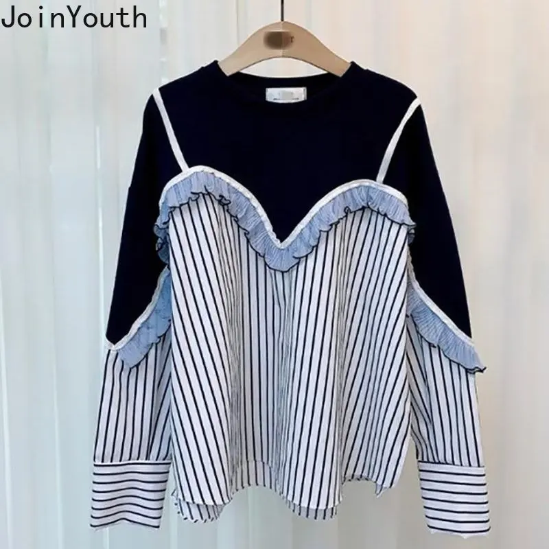 Korean Women Shirts 2023 Blusas Mujer De Moda Patchwork Striped Casual Blouses Fashion Fake Two Loose Ruffles Blouse Tops Femme