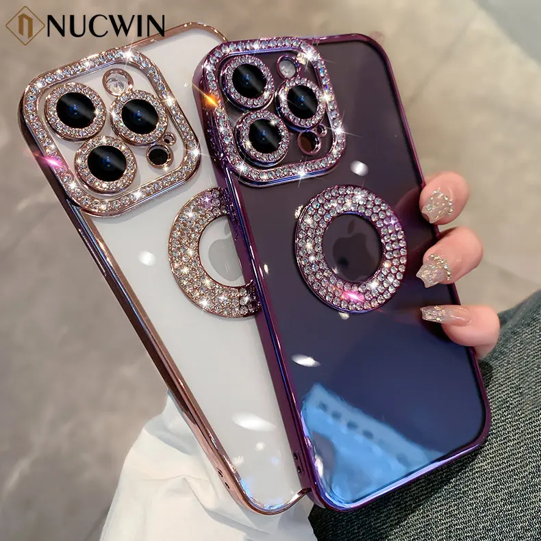 For iPhone 15 Pro Max Fashion Girl\'s Diamond Case For iPhone 11 12 13 14 Pro Max Plus Luxury Glitter Transparent TPU Soft Case