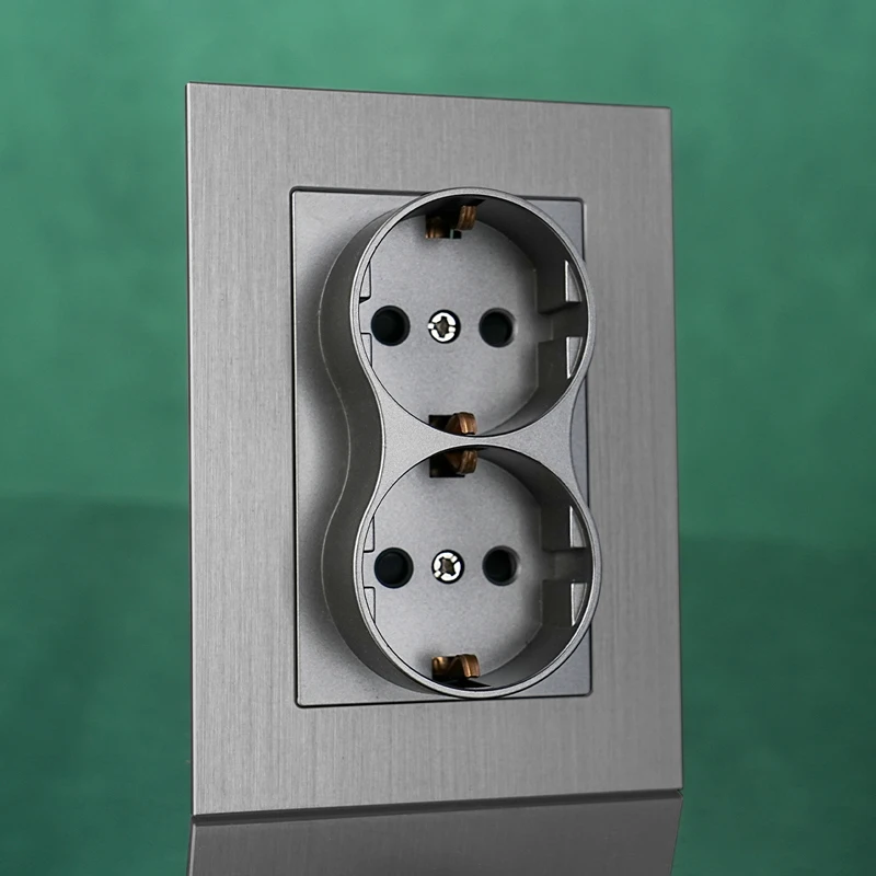 Brushed Aluminum Plate 86*120mm Double Socket, European Standard Wall Embedded 16A 2 Gang EU Outlet, Socket with Grounded