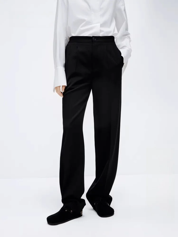 

Edition Women's Spring New Asymmetric Waist Straight Leg Long Pants Premium Wool Spun Casual Trousers l Waist Long