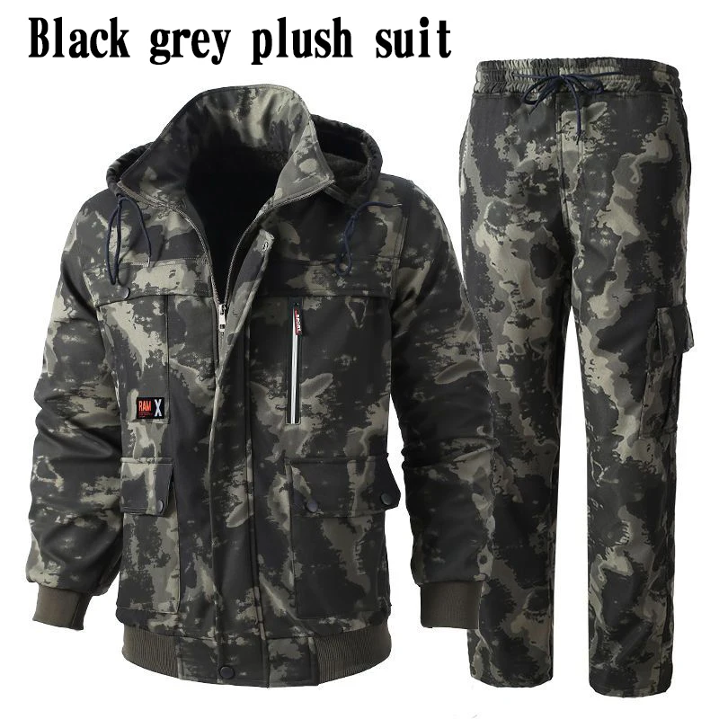 Men\'s Suit Thickened Velvet Cashmere Camouflage Warm Windproof Hooded Work Clothes Construction Machinery Labor Protection Cloth