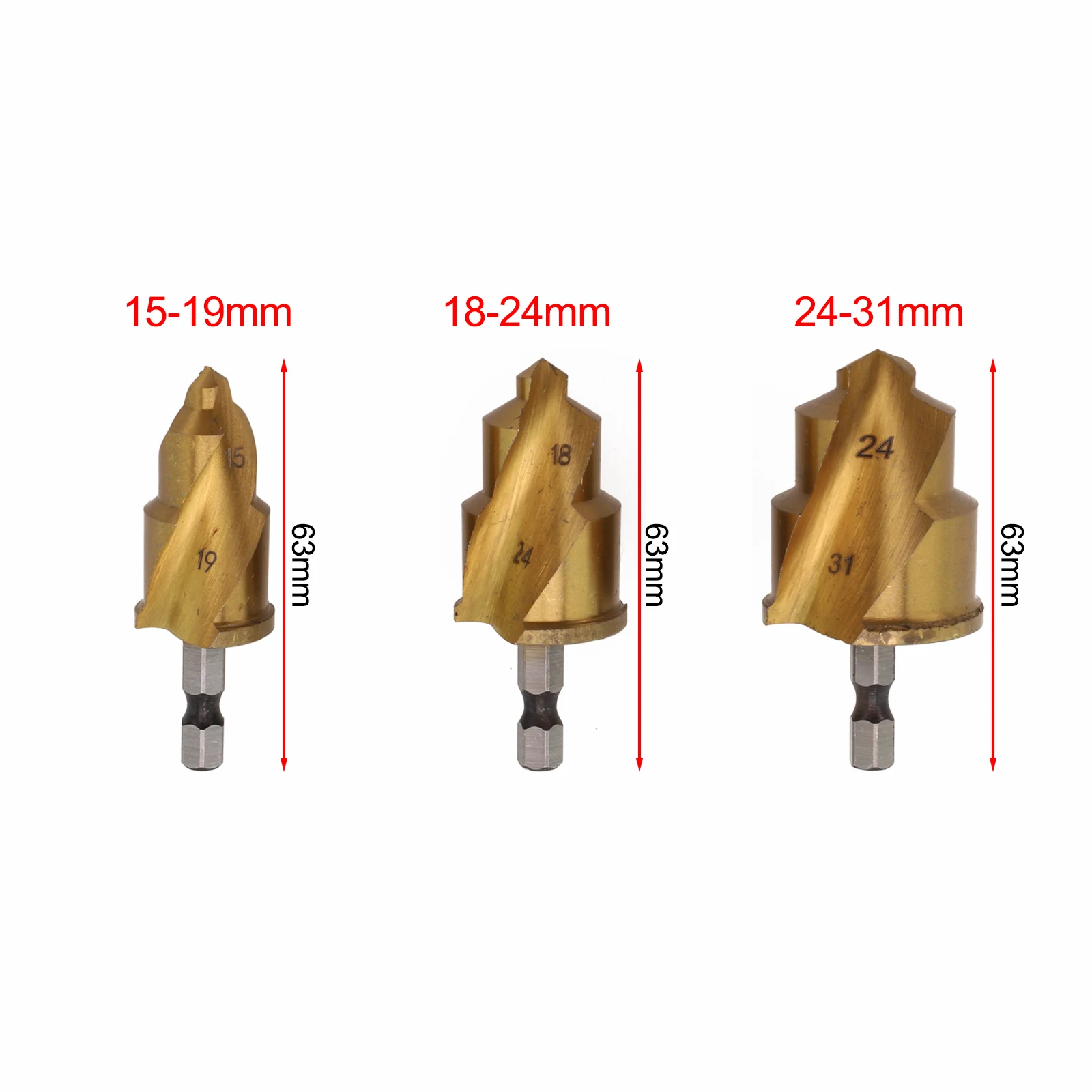 3pcs Hex Spiral Countersink Drill Bit For Water Pipe Expansion Punching 15-31mm Water Pipe Opening Hex Shank Water Pipe Drill