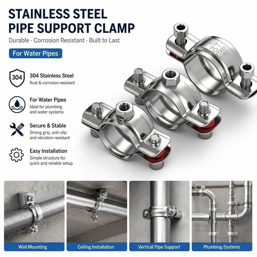 1Pcs OD 8-325mm Stainless Steel Pipe Bracket M8 Nut U-Shaped Pipe Support Bracket Polished 304 Stainless Steel Pipe Clamp