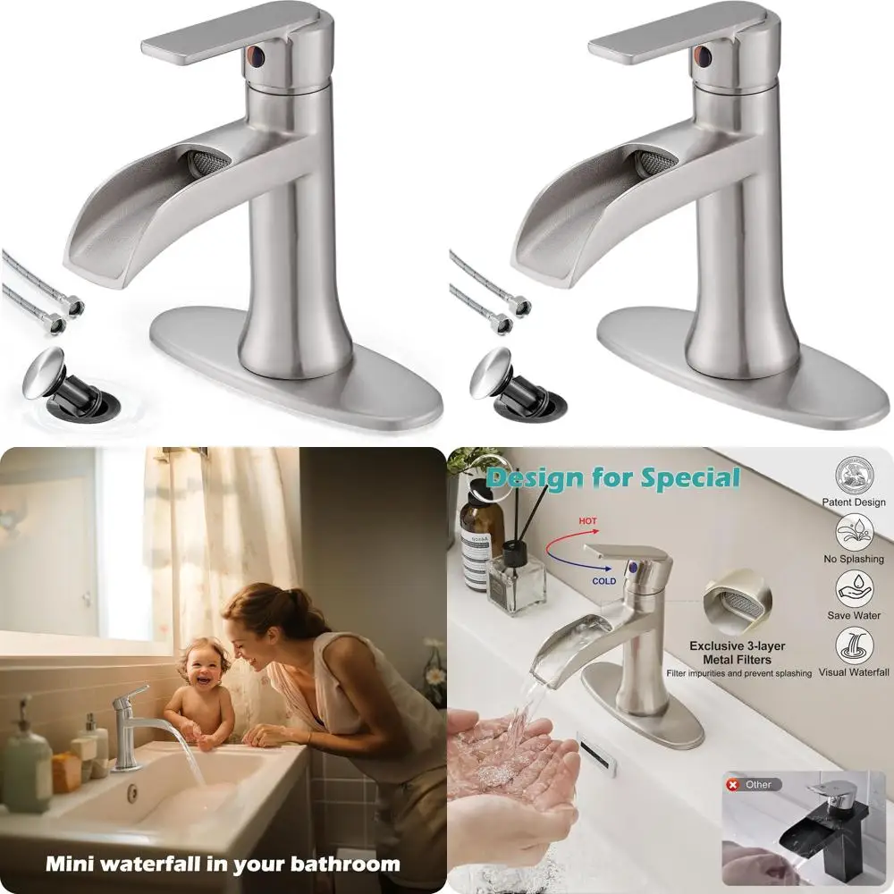 

Single Handle Brushed Nickel Bathroom Faucet with Drain & Deck Plate, 1 or 4 Hole Options for Hotel & Apartment Sinks