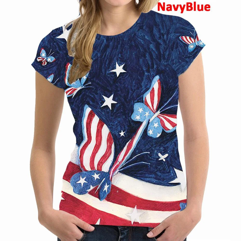 

Women's Fashion Summer New T-shirt Striped Stars Butterfly Printing O-Neck Short Sleeve Casual Top