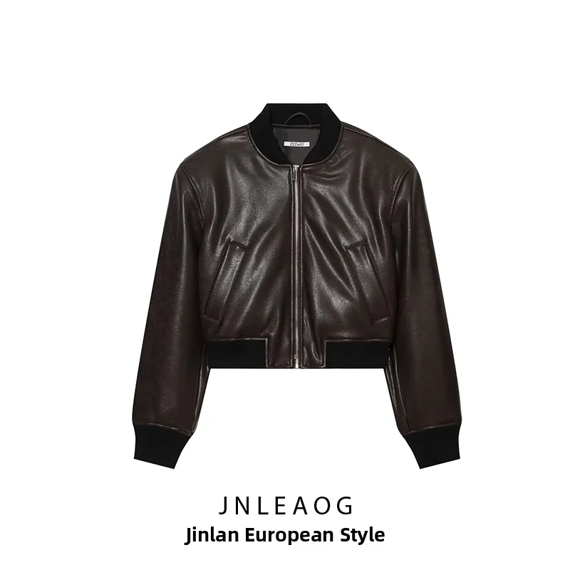 JNLEAOG Autumn New Women's Fashion Leather Effect Pilot Jacket Coat Short Sleeve Zipper Closure Polyester Fiber 100%
