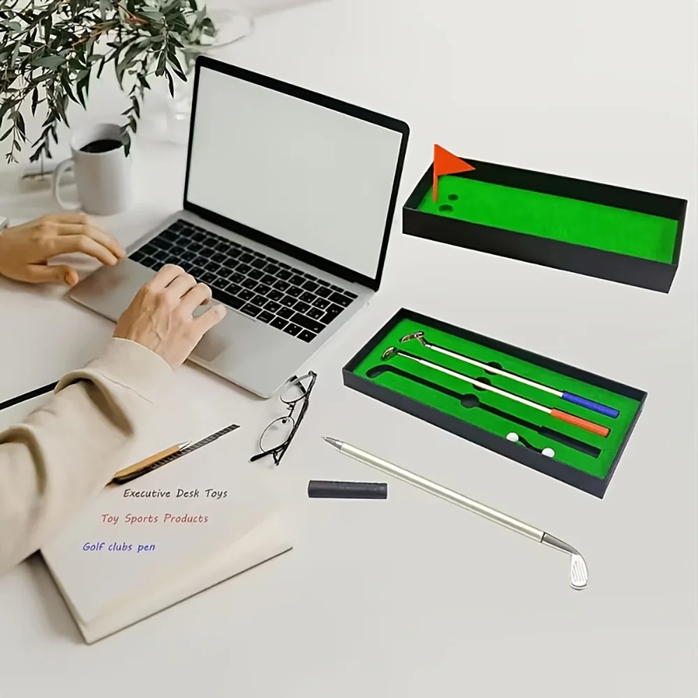 Set of 3 Ballpoint Pens, Personalized Mini Desktop Golf Pen Set, One of Each of 3 Colors, Customizable with Engraved Logo, Golf Club-Shaped Pens with Ball and Flag, Desktop Golf, Unique Gift
