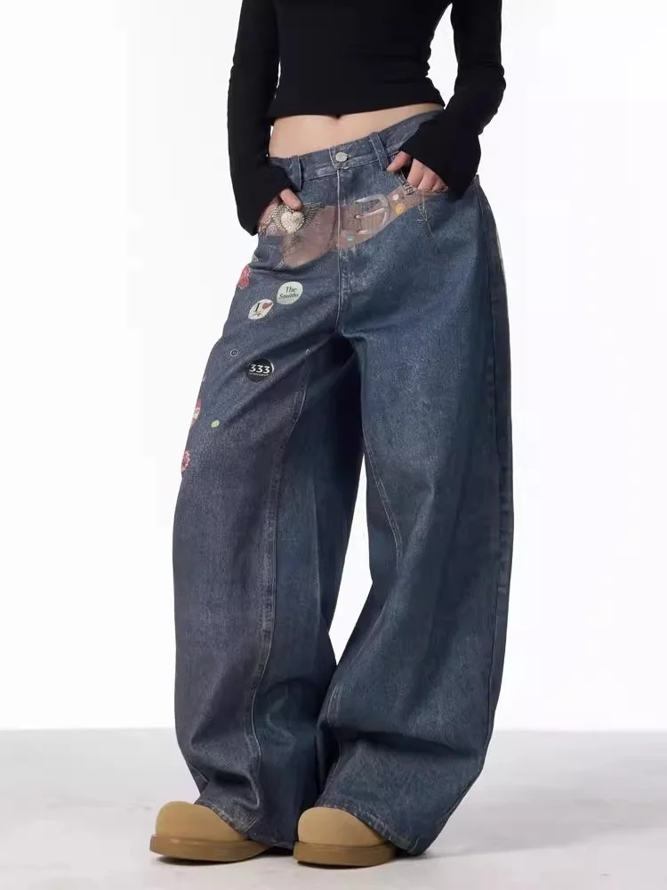 

Retro American 3D Emblem Printed Belted Knife Wide Leg Jeans Loose Fit Straight Cut Trousers Unisex Casual Jeans