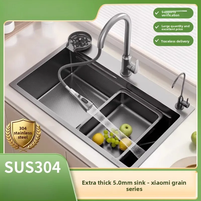 

304 Stainless Steel Grain Texture 5mm Thick Single Bowl Kitchen Sink for Washing Vegetables Dishes Nano Wash US European Market