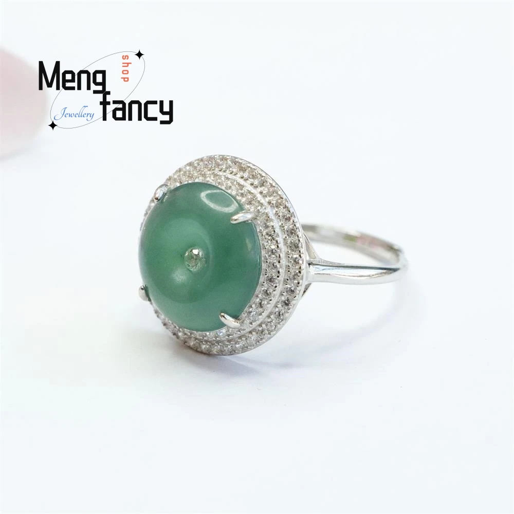 S925 Silver Lnlaid Natural Jadeite Ice Blue Horizontal Ann Buckle Ring Exquisite Elegant Charm High-grade Luxury Quality Jewelry