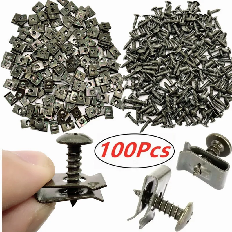 100pcs Metal Self Tapping Fasteners for Auto Ushaped Clip Screws Motorcycle Anti Rust Protection Clip Screws Clip Iron Plates