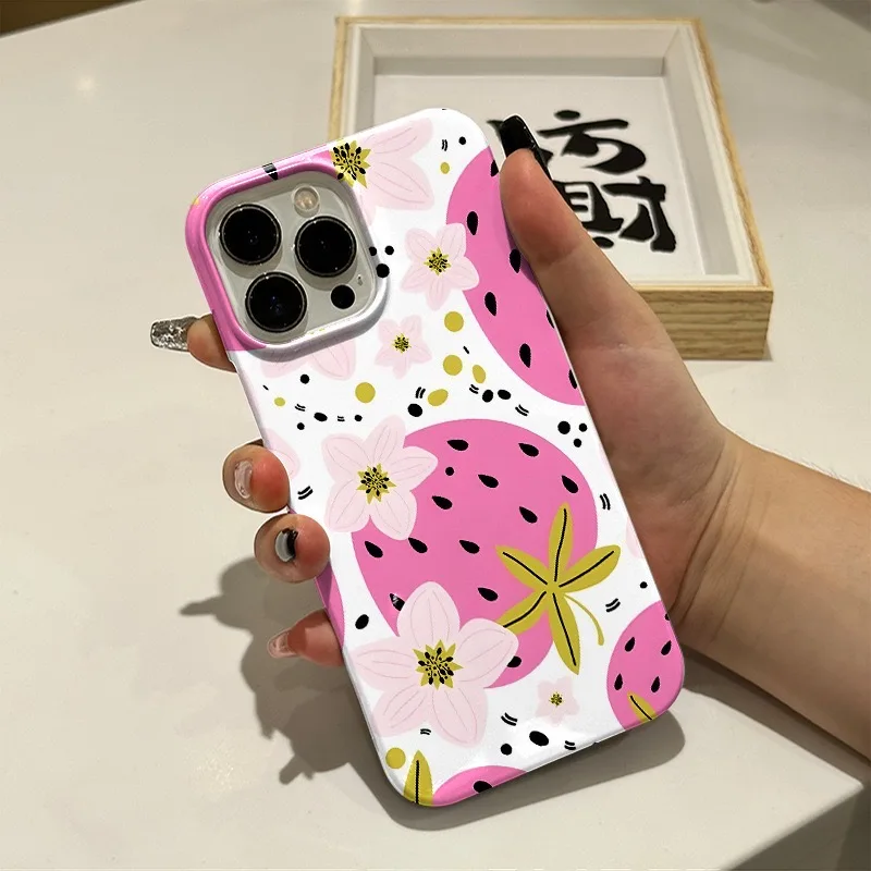 한국어 Ins 핑크 딸기 만화 케이스 IPhone 16 15 14 13 Pro Max 12 Mini 11 Pro 충격 방지 보호 하드 아크릴 커버