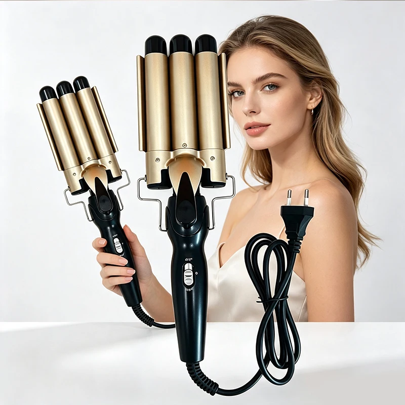 Portable salon electric hair curling iron, three-tube hair curling iron, hair styling spring with water ripple effect