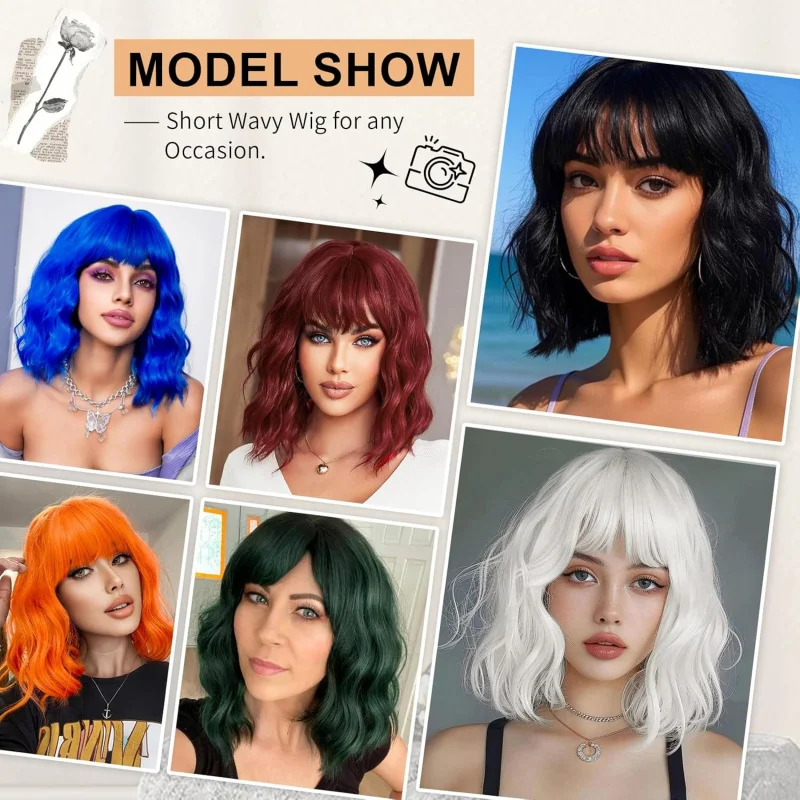 AGO Parrucca Bob ondulata rosa lunga fino alle spalle con frangia Capelli sintetici per le donne Festa quotidiana Cosplay Fibra resistente al calore