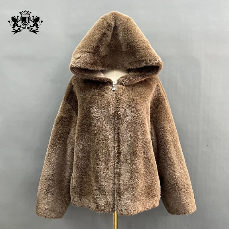 Women Warm Soft Brown Fluffy Faux Mink Fur Coat Winter Short Vintage Elegant Luxury Chic Thick With Hat Furry Overcoat