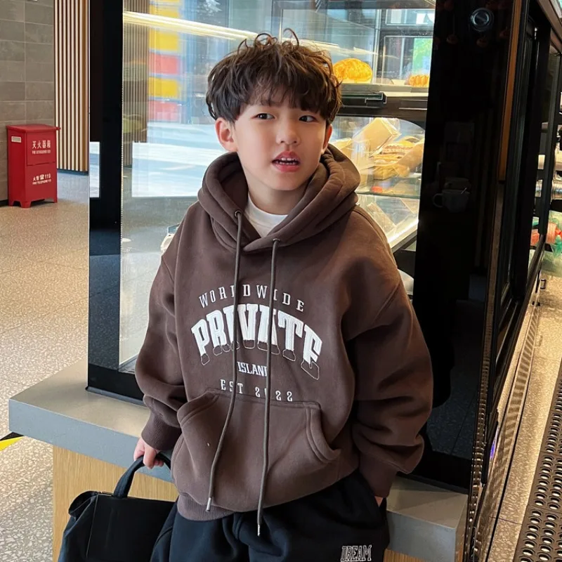 Boys' Mid-Large Spring Autumn Stylish Trendy Streetwear Fleece-Lined Hooded Hoodie - Kids' Warm Fleece Jacket