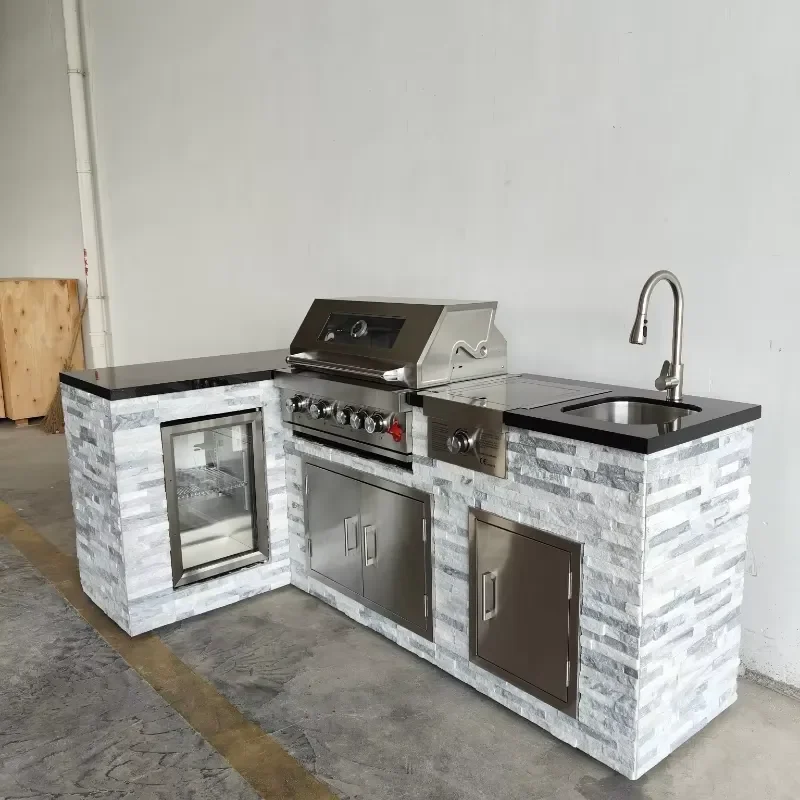 L-shaped Outdoor Kitchen with Integrated Custom Stone Wall and Sink Suitable for Barbecue Grills Low Price Warehouse Sale