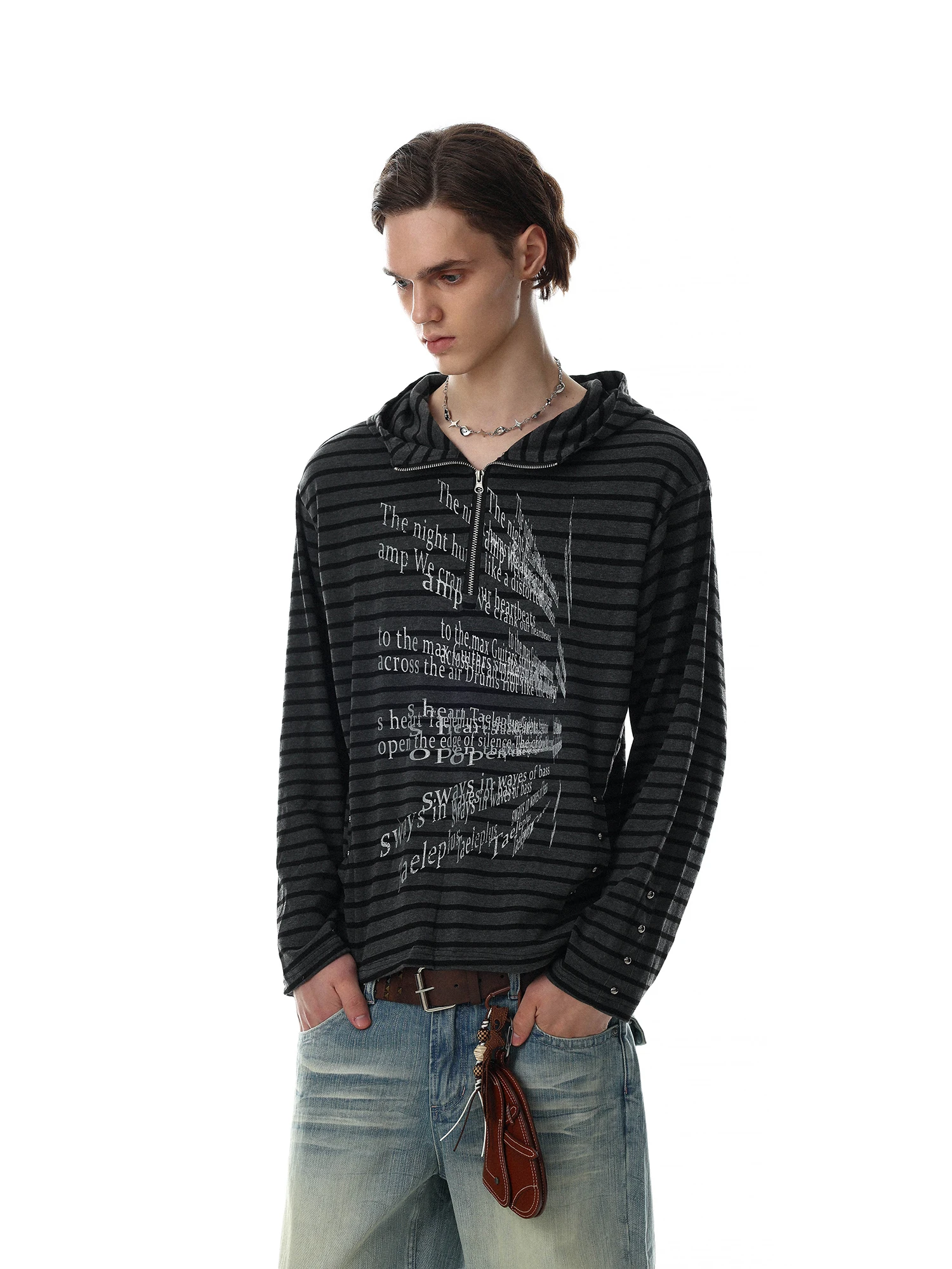 American Dark Style Half Zip Hooded Striped T-Shirt Men's Casual Top Brand MR NEARLY Slim Fit Long Sleeve Printed Tee