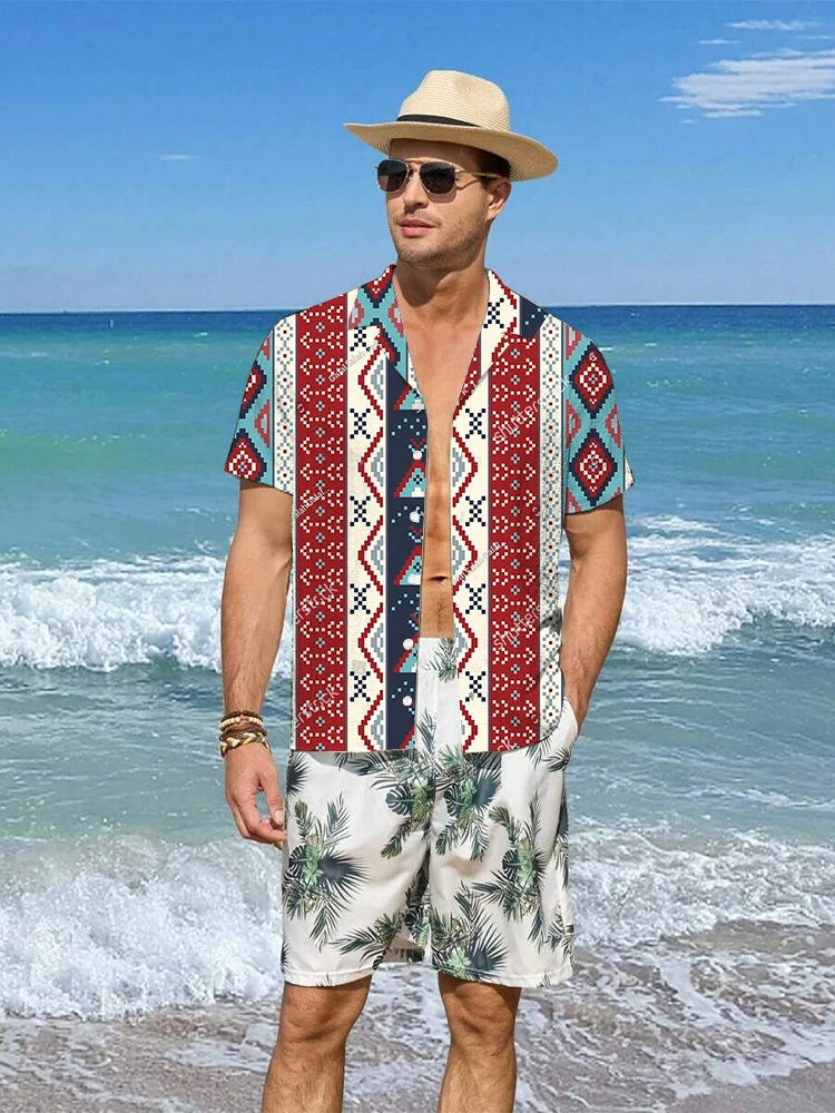 Setelan baju pria, musim panas Vintage cetak 3D baju pria set mode kemeja lengan pendek ukuran besar celana pantai pakaian jalanan Hawaii