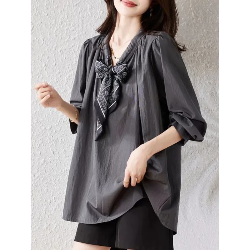 

Новый шелковый шарф, рубашка в западном стиле с v-образным вырезом для женщин, весенний свободный и утягивающий универсальный универсальный топ с длинными рукавами