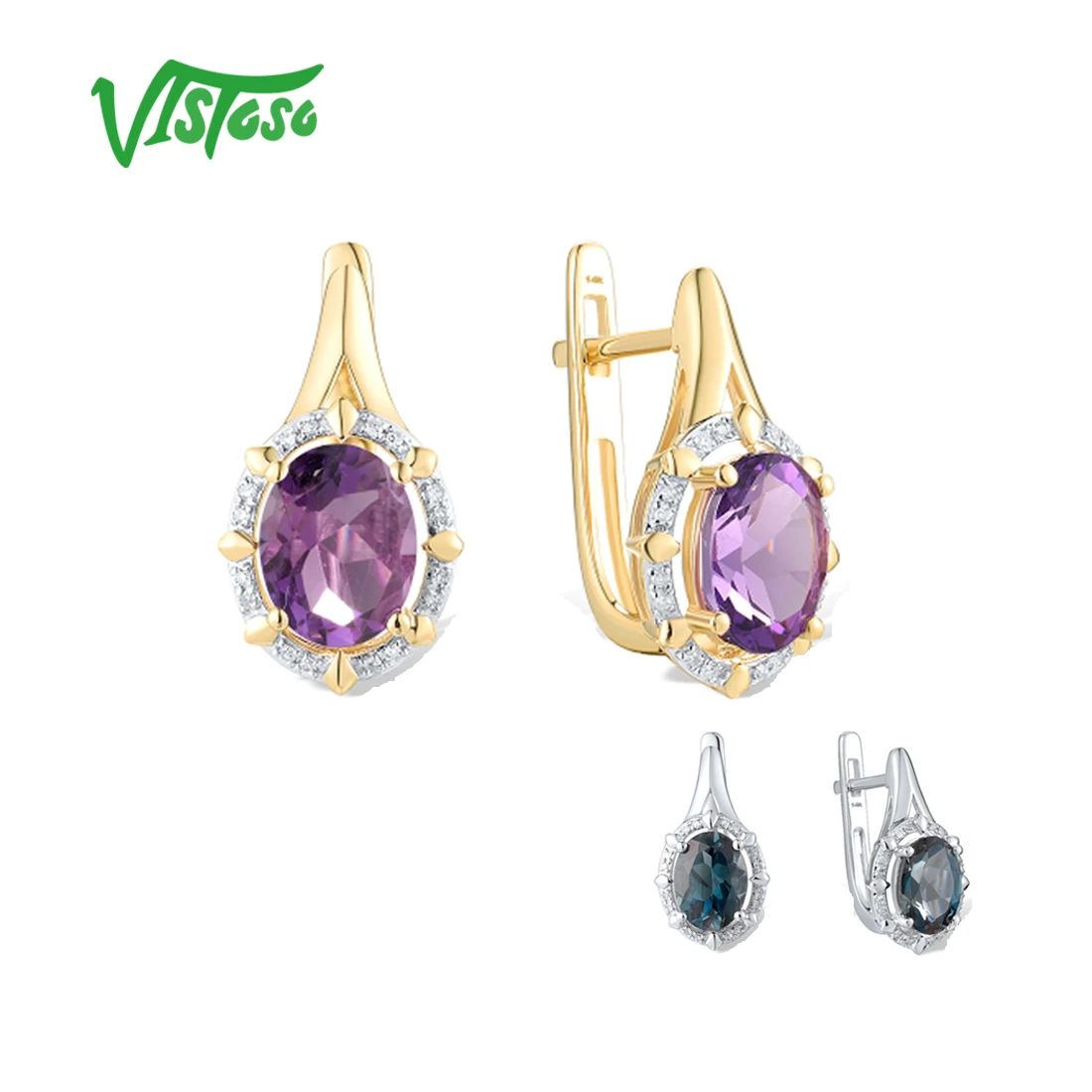 VISTOSO Real 14K 585 White Yellow Gold Earrings For Women Sparkling Diamond Blue Topaz Amethyst Chic Birthday Gifts Fine Jewelry