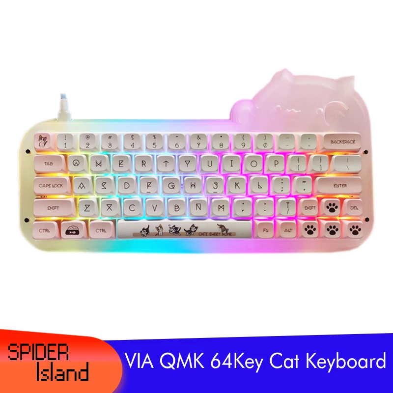 Imagem -01 - Via Teclado 64 Teclado Mecânico Programável Chave Rgb Backlight Corte Gato Transparente Completo Szie Macro Teclado Quente Swappable